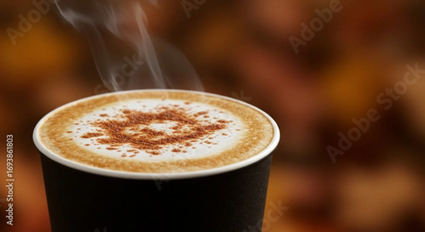 Obraz Steaming hot latte with cinnamon dusting, perfect for a cozy autumn morning cafe experience