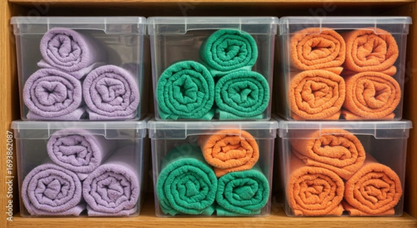 Obraz Neatly rolled colorful towels organized in clear storage bins on wooden shelves for easy access