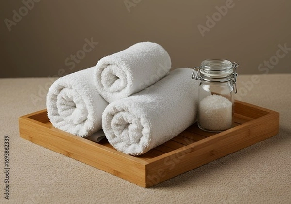 Fototapeta Spa Towels and Bath Salt on Wooden Tray