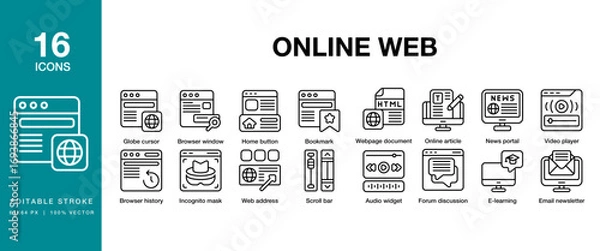 Fototapeta Online Web icon set. Includes website, internet, technology, computer, online, and More. Editable Stroke Icon Collection.