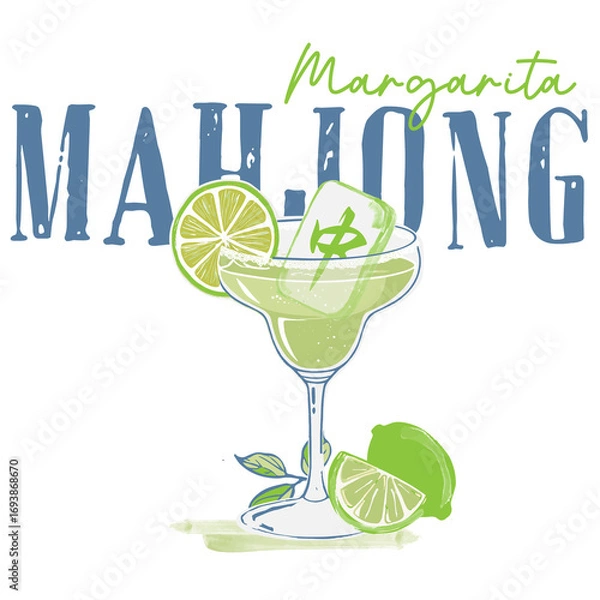 Fototapeta Watercolor illustration of a green margarita cocktail in a glass with a mahjong tile inside, half lime on the floor, tropical refreshing drink concept, cultural fusion, abstract beverage art