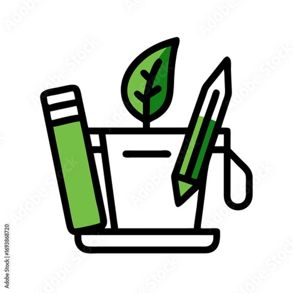 Fototapeta Minimalist flat vector art with leaf, pencil, and rectangular block on black backdrop