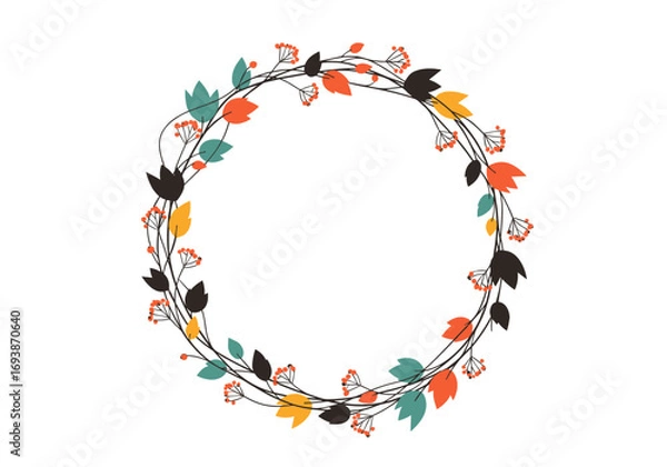 Fototapeta Decorative round wreath with autumnal leaves and small berries in warm and cool tones