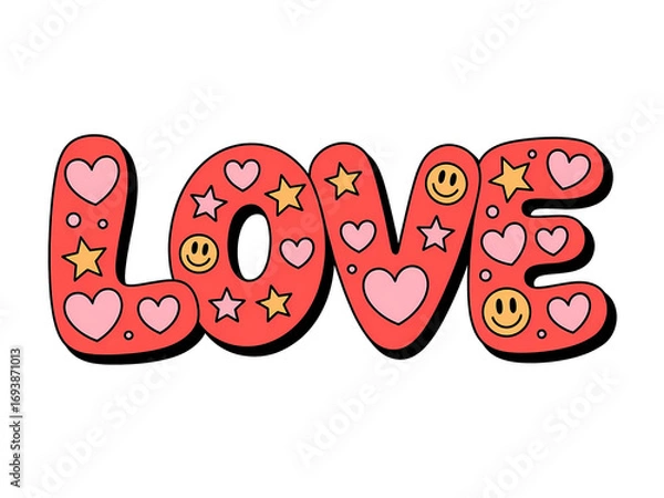 Fototapeta Whimsical retro typography illustration of the word "love" decorated with smiley faces, hearts, and stars in a fun and colorful design