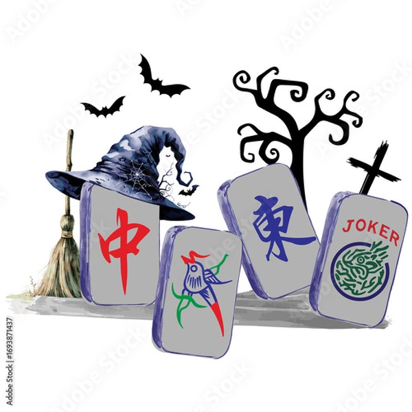 Fototapeta Spooky Halloween illustration of four Mahjong tiles, the leftmost wearing a black witch hat. Black tree, broom, and distant haunted cabin create eerie atmosphere. Dark crosses add mysterious theme, pe