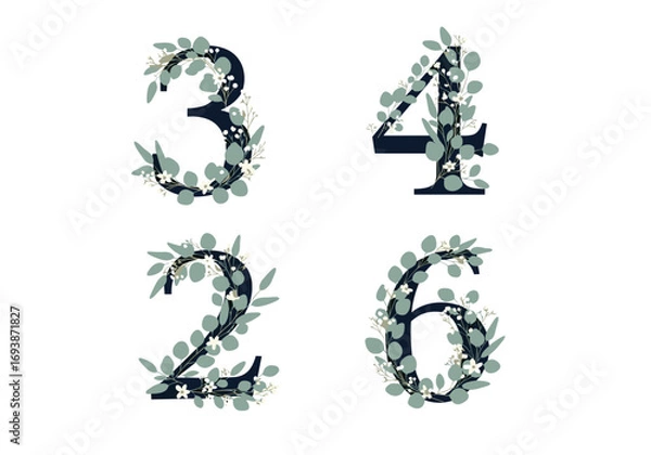 Fototapeta Beautiful floral numbers decorated with green leaves and tiny white flowers elegant design elements for invitations and decorations