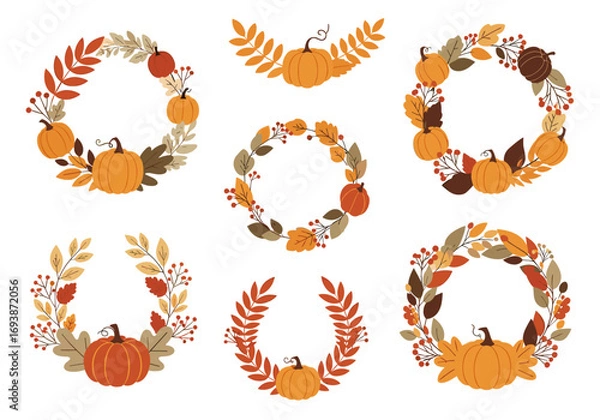 Fototapeta Beautiful autumn fall harvest wreath designs featuring pumpkins and colorful leaves in a festive celebration