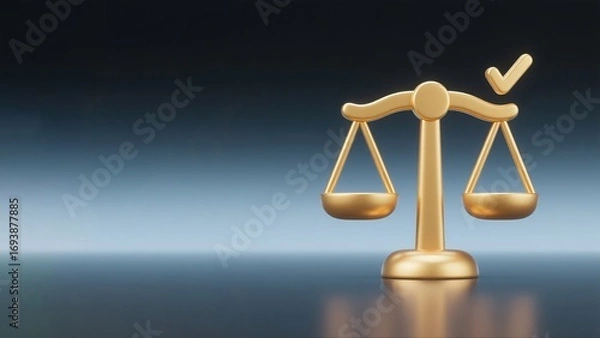 Fototapeta Golden balance scale with check mark symbolizing law, justice, fairness, and success. Perfect for legal, corporate, and business presentations or reports.
