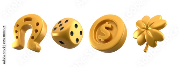 Obraz Golden 3d casino icon set with horseshoe and dice, dollar coin and four leaf clover for gambling interface. Metallic luck symbols. Fortune gaming assets for online betting or slot machine designs.
