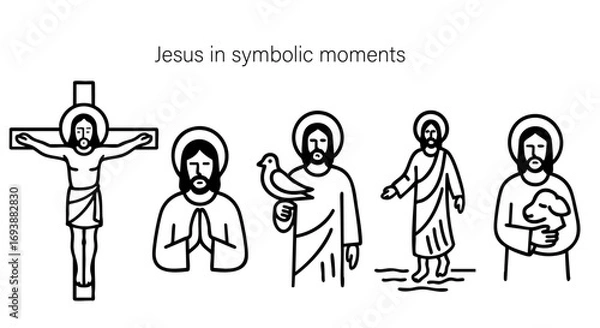 Fototapeta Vector illustration of Jesus in symbolic moments, crucifixion, prayer, dove, walking on water, lamb