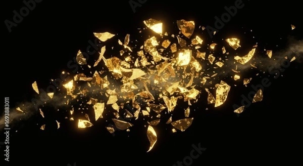 Fototapeta Gold fragments exploding against a black background with smoke