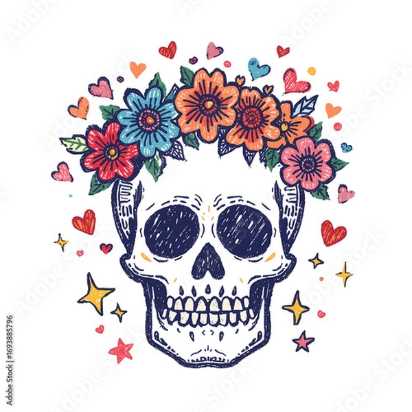 Fototapeta Halloween skull with a crown of colorful flowers, decorated with floating hearts and stars in a whimsical, sketchy style