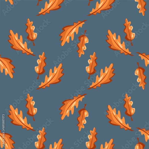 Fototapeta Autumn leaves. Seamless fall pattern with oak leaves on a blue background. Vector illustration.
