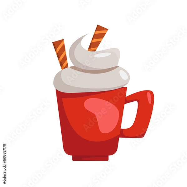 Fototapeta Cup of hot cocoa with cream isolated on white. Red mug with hot chocolate. Clip art. Flat vector illustration.