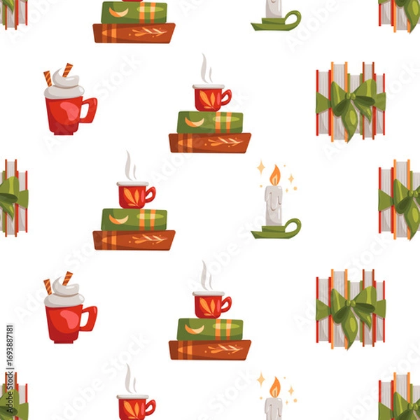 Fototapeta Seamless pattern with stack books, candle and cup. Reading, library concept. Vector illustration.