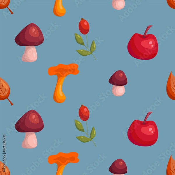 Fototapeta Seamless autumn pattern with mushrooms, apple and rosehip berries on a blue background. Flat vector illustration.