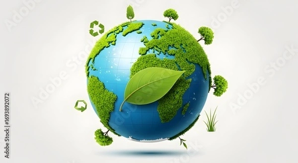 Fototapeta A verdant green earth globe with a single leaf symbolizes the concept of a sustainable eco-friendly planet