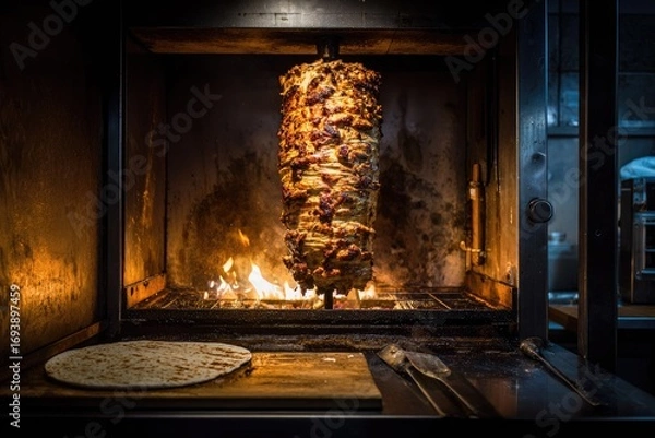 Obraz Roasted meat on a vertical rotisserie, fire visible below, flatbread in foreground