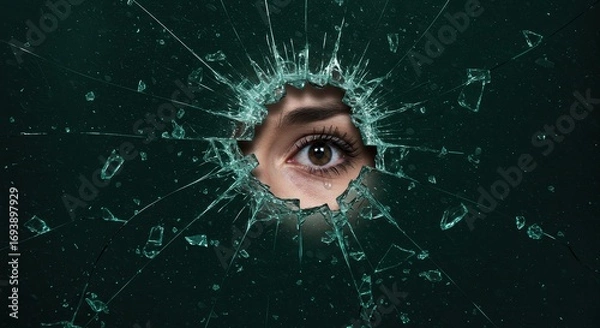 Fototapeta Shattered Perspective: A compelling visual narrative as a captivating human eye gazes through the shattered remains of glass, a dramatic testament to resilience and the fragility of perception. 