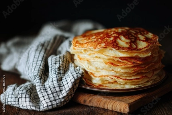 Obraz A stack of golden pancakes sits on a plate, next to a checkered cloth
