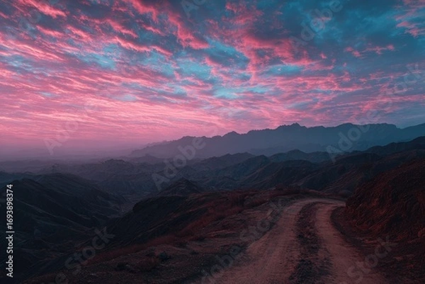 Obraz A winding dirt road leads through a mountainous landscape under a vibrant, pink and blue sunset sky