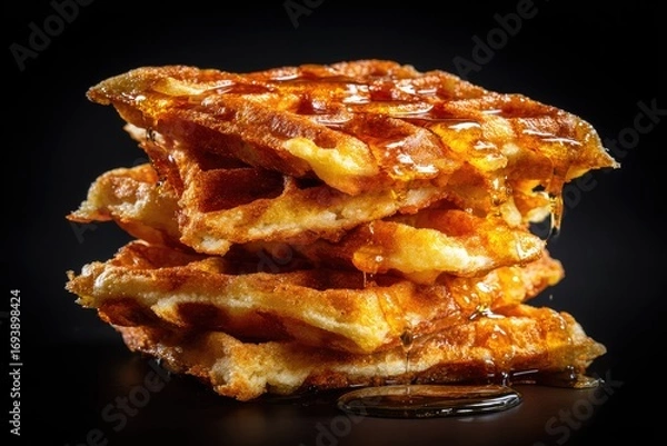 Obraz Golden waffles stacked high, glistening with syrup