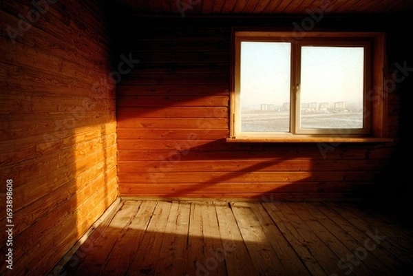 Obraz Sunlit empty room with wood walls and floor, window view