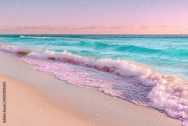 Obraz Serene beach sunrise, pastel waves gently lapping the shore