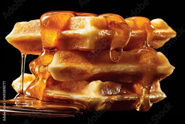 Obraz Golden waffles stacked high, drenched in sweet syrup, against a black backdrop