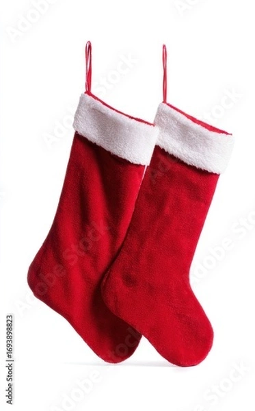 Fototapeta Two red Christmas stockings with white cuffs hanging against a white background, ready for Santa and gifts