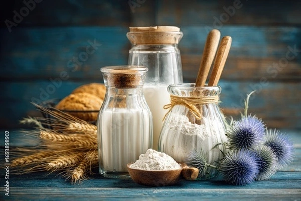 Obraz Rustic still life of milk, flour, and wheat