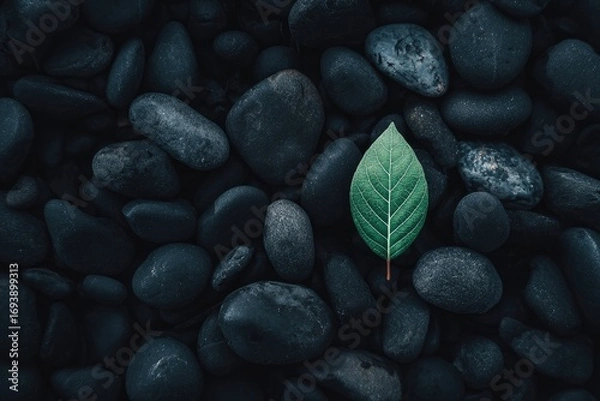 Obraz Single green leaf rests on dark stones