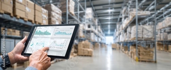 Fototapeta The Tablet Displaying Inventory Analytics in a Modern Warehouse with Shelves and Boxes in Background