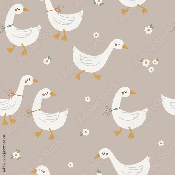 Fototapeta Vector seamless pattern with cute geese family on a beige background. Seamless for wrapping paper, greeting cards and other. Can be used for wallpaper, textile, packaging.