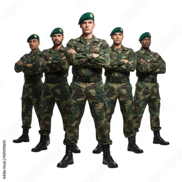 Fototapeta Five elite soldiers in camouflage uniforms standing ready with determination and strength transparent background