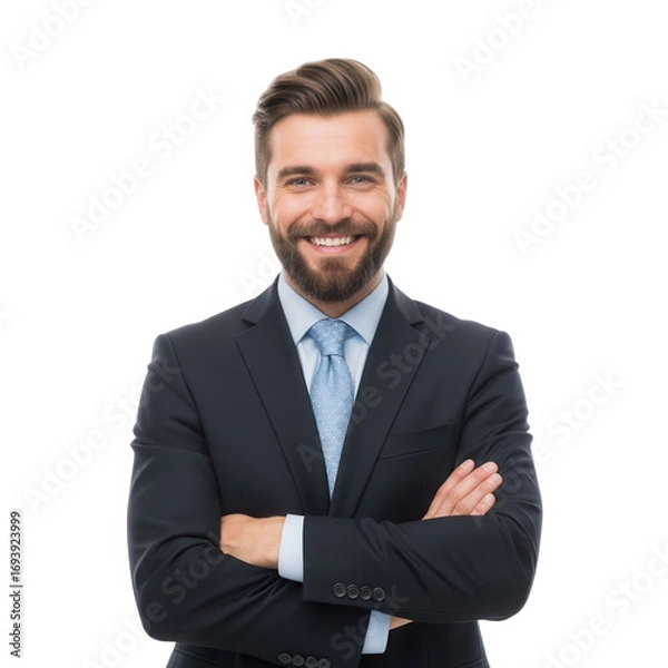 Fototapeta Professional smiling businessman confidently posed in suit arms crossed black background transparent background