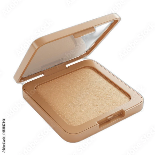 Obraz A square, light beige cosmetic compact, open, reveals a shimmery, golden-tan powder inside.