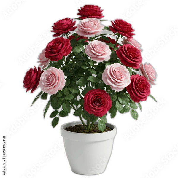 Obraz A vibrant bouquet of red and pink roses in a white pot, showcasing detailed blooms and lush foliage.