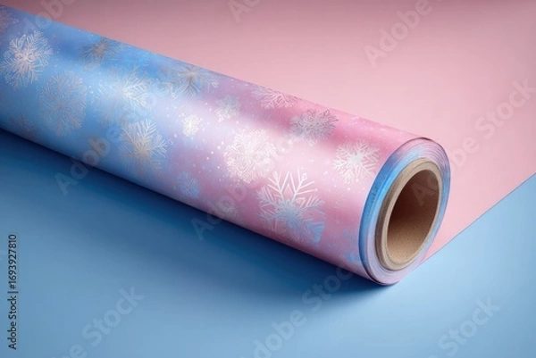 Fototapeta Rolled pastel wrapping paper with snowflake pattern