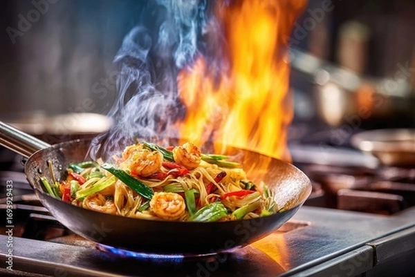 Fototapeta Stir-fried noodles and shrimp in a wok, flames ablaze