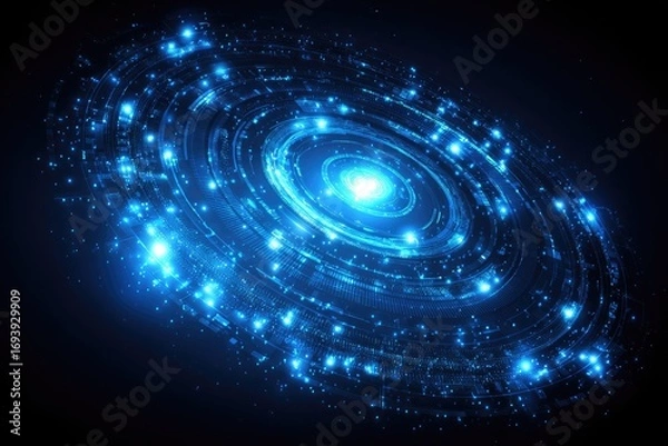 Fototapeta Abstract swirling galaxy, blue hues, glowing particles
