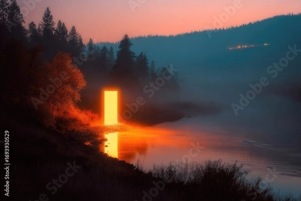 Fototapeta Glowing portal in a misty river at dawn
