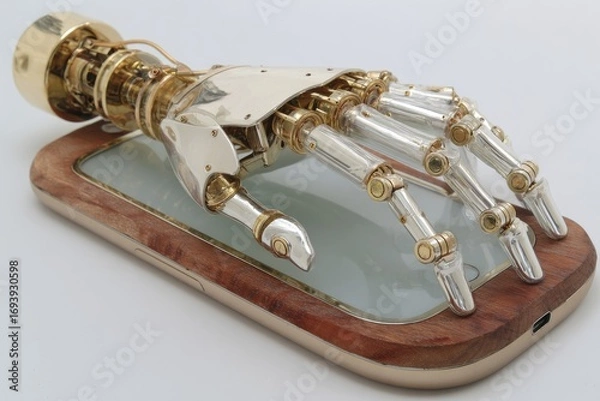 Fototapeta A detailed steampunk-style robotic hand rests on a sleek, wood-framed device