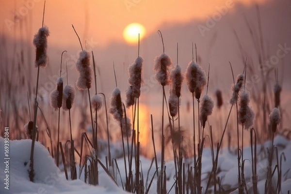 Fototapeta Frosty cattails silhouetted against a vibrant sunset over a snow-covered landscape