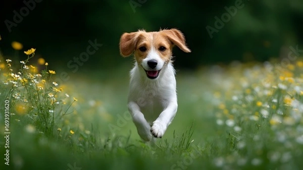 Fototapeta Joyful Canine Running Through Field: A playful and cheerful dog bounds joyfully through a vibrant field of wildflowers, his ears perked up and tongue lolling.