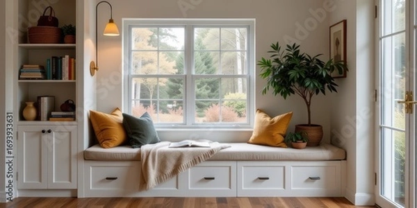 Obraz Cozy reading nook with window, plants, and shelves filled with books.