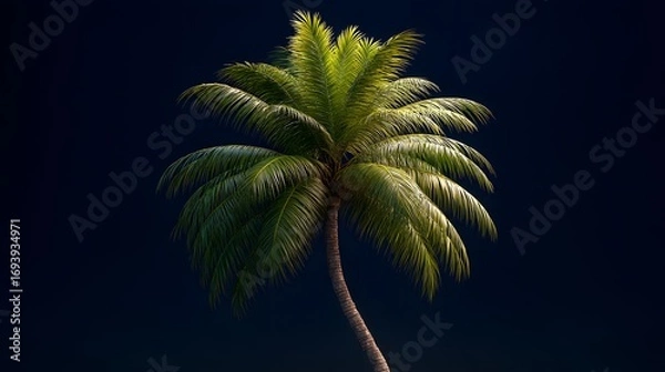 Fototapeta Lush Palm Tree Against a Dark Sky: A captivating, high-angle shot of a verdant palm tree stands proudly against a striking dark background. The tree's vibrant green fronds reach upward.