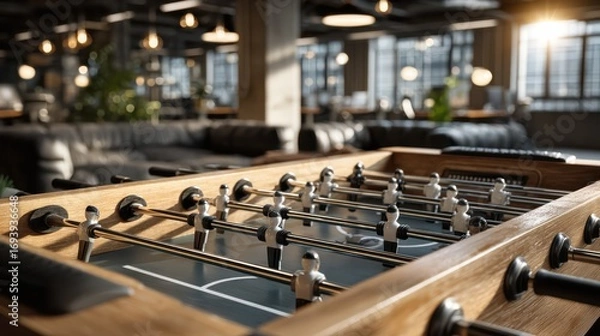 Fototapeta A cozy, modern lounge featuring a foosball table, perfect for relaxation and social interaction in a stylish setting.