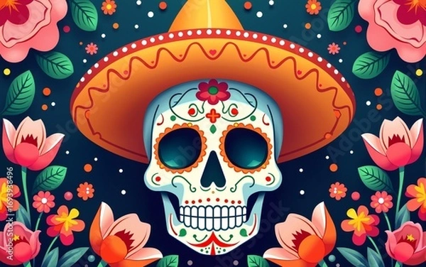Fototapeta Dia de los muertos festive invitation card design vector illustration. Sugar skull in sombrero with maracas and floral design for invitational Mexican day of dead flat style concept. Copy space