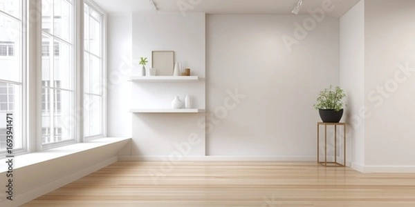Fototapeta Minimalist interior of empty living room with wooden floor and white walls, featuring shelf on left side with decorations and plants, bright window on right edge, modern clean home design background